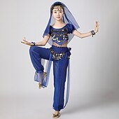 お買い得  キッズ用ダンスウェア-ベリーダンス 上着 スプライシング スパンコール 女の子 性能 訓練 半袖 ポリエステル スパンコール