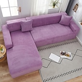 baratos Cobertura de Sofa-capa de sofá elástica espessa de pelúcia elástica sofá secional poltrona loveseat 4 ou 3 lugares em forma de l cinza macio durável lavável