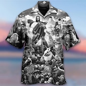preiswerte Bedruckte Herrenhemden-Herren Mensch Jesus Hemd Hawaiihemd Sommerhemd Knopfhemd Modisch Designer Brautkleider schlicht Outdoor Strasse Casual Sommer Umlegekragen 3D Button-Down Blau Grün Regenbogen Dunkelgray