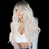 baratos Perucas Sintéticas sem Touca-peruca branca ombre perucas longas onduladas com franja para mulheres peruca loira platina longa perucas de cabelo sintético resistente ao calor de aparência natural para peruca de festa diária 26