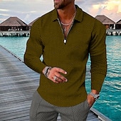 preiswerte Urlaub-Herren Geometrisch Hawaiianische Polohemden Golfshirt Langarm Polo-Shirts Hemden mit Kragen Lässig Strandbekleidung Urlaubskleidung Party-Outfits 3D-Druck Viertelreißverschluss-Poloshirt Gelb Rote