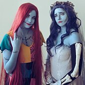 abordables Pelucas de personajes de películas-Pelucas de fiesta navideñas, pelucas largas y rojas de Peviyile para mujer, peluca de disfraz de Sally de Pesadilla antes de Navidad, peluca de pelo en la mitad, linda peluca para fiesta de carnaval