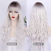 baratos Perucas Sintéticas sem Touca-peruca branca ombre perucas longas onduladas com franja para mulheres peruca loira platina longa perucas de cabelo sintético resistente ao calor de aparência natural para peruca de festa diária 26