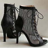 abordables Botas de baile-Botas de baile de malla con cordones negros sexys para mujer con diseño de punta abierta: ideales para fiestas de baile y presentaciones