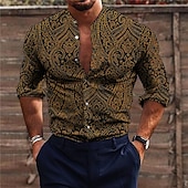 cheap Ethnic Pattern-Men&#039;s Floral Shirt Button Up Shirt Long Sleeve Vintage Fashion Designer Outdoor Casual Holiday Fall &amp; Winter Stand Collar Print Button-Down Black White Yellow Blue Brown