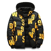 baratos Blusões e Parkas para Homem-Homens Casaco puffer Casaco com capuz Acolchoado Zíper Bolsos Imprimir Esportes Padrão Exterior Casual / Diário Inverno Letra Preto Amarelo Vermelho cáqui Casaco puffer