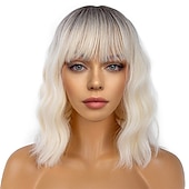 levne Syntetické trendy paruky-krátké bobové paruky s ofinou pro ženy volná vlnitá paruka kudrnatá vlnitá délka po ramena bob syntetická cosplay paruka pro dívky barevné kostýmní paruky