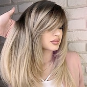 baratos Perucas Sintéticas sem Touca-perucas longas em camadas perucas de penteado lisonjeiro perucas loiras brilhantes com raízes profundas perucas para mulheres caucasianas para festa diária perucas de festa de natal