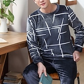 economico Pigiami-Per uomo Pigiami loungewear Completi Colore puro Essenziale Di tendenza Comoda Interni Pile corallo velluto corallo Caldo Girocollo Manica lunga Pantalone Vita elastica Inverno Autunno Blu Grigio