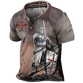 billige Men&#039;s Vintage Polo-Herre Tempelridderne Poloskjorter Golf skjorte Kortermet Poloskjorter Skjorter med krage Årgang Fritid Ferieklær Festivalklær Festantrekk Knapper 3D-utskrift Blå Brun kaffe