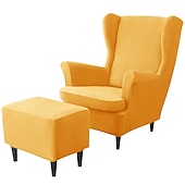 billiga Fåtöljskydd och armlöst stoltäckning-vingstolsöverdrag set vinrött stretch wingback stol överdrag och ottomansk överdrag, sammet wing rygg stolsöverdrag maskintvättbar fåtölj stolsöverdrag för strandmon stol