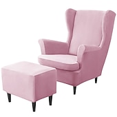 billiga Fåtöljskydd och armlöst stoltäckning-vingstolsöverdrag set vinrött stretch wingback stol överdrag och ottomansk överdrag, sammet wing rygg stolsöverdrag maskintvättbar fåtölj stolsöverdrag för strandmon stol