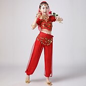お買い得  キッズ用ダンスウェア-ベリーダンス 上着 スプライシング スパンコール 女の子 性能 訓練 半袖 ポリエステル スパンコール