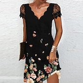 preiswerte Kleider für die Arbeit-Damen Midikleid Casual kleid Etuikleid Elegant Modisch Basic Spitzenärmel Urlaub Täglich Festtage Regular Fit Blumen Kurzarm V Ausschnitt Gezackter Hals Schwarz Regenbogen Sommer Frühling