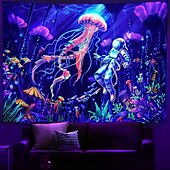 abordables Tapisseries à la lumière noire-méduse astronaute lumière noire uv réactif tapisserie psychédélique trippy dortoir salon art décoration tissu suspendu