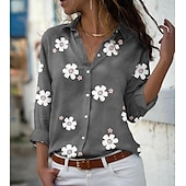 baratos Tops Florais-Camisa Feminina Floral Impressão Floral Básica Manga Longa Gola da Camisa Diária Botões Rosa Azul Verde Cinza Primavera Outono Primavera Outono Inverno Verão