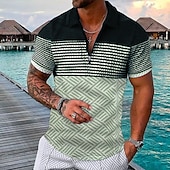 cheap Men&#039;s Hawaiian Polo-Men&#039;s Striped Hawaiian Polo Shirts Golf Shirt Short Sleeve Polo Shirts Collared Shirts Casual Beach Wear Vacation Wear Party Outfits 3D Print Quarter Zip Polo Black-White Black Army Green