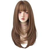 abordables Perruques Synthétiques Sans Bonnet-perruques rouges avec une frange rouge bordeaux synthétique longue perruque droite pour les femmes partie et cosplay perruque rouge vif