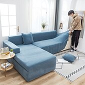 baratos Cobertura de Sofa-capa de sofá elástica espessa de pelúcia elástica sofá secional poltrona loveseat 4 ou 3 lugares em forma de l cinza macio durável lavável
