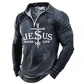 cheap Men&#039;s Vintage Polo-Men&#039;s Jesus Christian Zip Polo Shirts Golf Shirt Long Sleeve Polo Shirts Collared Shirts Vintage Casual Vacation Wear Festival Wear Party Outfits 3D Print Quarter Zip Polo Black Blue Green