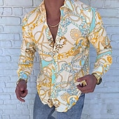 preiswerte Ethnisches Muster-Herren Hemd Knopfhemd Langarm Designer Punk &amp; Gothic Ausgehen Frühling Sommer Stehkragen Patchwork Bedruckt Gelb Rote Blau Purpur