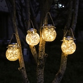 abordables Luces de cuerda solar-Luces solares para tarros de grietas, bola colgante de cristal, linternas solares led, lámpara solar de los deseos, lámpara impermeable para exteriores, decoración de jardín, luces de árbol, fiesta de