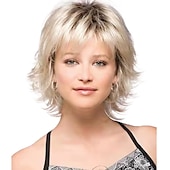 economico parrucca più vecchia-parrucca bionda mista marrone scuro marrone con riflessi parrucche pixie cut per donne bianche con frangetta parrucca sintetica ondulata corta naturale capelli veri parrucche per feste di natale