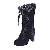 cheap Vintage Boots-Women&#039;s Boots Plus Size Heel Boots Party Daily Solid Colored Mid Calf Boots Winter Lace-up Chunky Heel Pointed Toe Round Toe Vintage Walking Lace-up Black Red Brown