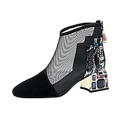 abordables Botines-Botines de malla para mujer con tacón de bloque adornado con diamantes de imitación: botines elegantes y transpirables para fiestas nocturnas y ocasiones especiales