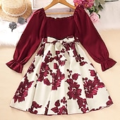 preiswerte Casual Kleider-Mädchen Kleid Blumen Langarm Formal Party Aktiv Modisch Polyester A Linie Kleid Herbst Winter 5-12 Jahre Rote