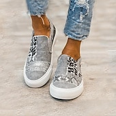 cheap Women&#039;s Sneakers-Women&#039;s Slip-On Patchwork Sneakers - Casual Leopard Print Canvas Shoes with Snake Pattern Accents for Everyday Wear