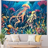 abordables Tapisseries à la lumière noire-méduse astronaute lumière noire uv réactif tapisserie psychédélique trippy dortoir salon art décoration tissu suspendu