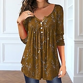 abordables T-shirt floral-Femme T shirt Hauts habillés Floral Tuniques basique manche longue Col Rond Hauts réguliers Vacances Fin de semaine Boutons Imprimer Tunique fluide Jaune Rose Claire Bleu Violet Vert Automne hiver