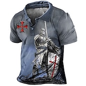 billige Men&#039;s Vintage Polo-Herre Tempelridderne Poloskjorter Golf skjorte Kortermet Poloskjorter Skjorter med krage Årgang Fritid Ferieklær Festivalklær Festantrekk Knapper 3D-utskrift Blå Brun kaffe
