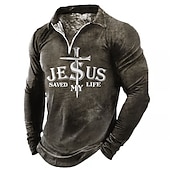 cheap Men&#039;s Vintage Polo-Men&#039;s Jesus Christian Zip Polo Shirts Golf Shirt Long Sleeve Polo Shirts Collared Shirts Vintage Casual Vacation Wear Festival Wear Party Outfits 3D Print Quarter Zip Polo Black Blue Green