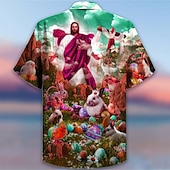 preiswerte Bedruckte Herrenhemden-Herren Mensch Jesus Hemd Hawaiihemd Sommerhemd Knopfhemd Modisch Designer Brautkleider schlicht Outdoor Strasse Casual Sommer Umlegekragen 3D Button-Down Blau Grün Regenbogen Dunkelgray