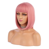 voordelige Synthetische trendy pruiken-korte bob haar pruiken 12 recht met platte pony synthetische kleurrijke cosplay dagelijkse feestpruik voor vrouwen natuurlijk als echt haar