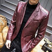 halpa Miesten Klassiset Bleiserit-Miesten Nahkatakit Bleiseri Toimisto &amp; ura Arki-asut Lämmin Tasku Painike alas 봄 &amp; Syksy Yksivärinen / yksivärinen Tyylikäs Lämmittely Sänkyjen avaus Tekonahka Viini Musta khaki Tumman sininen Jackets