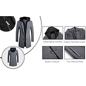 baratos Trench coat masculino-Homens Casaco de inverno Casaco de lã Casaco Roupa Diária Para Noite Inverno Lã Térmico / Quente Lavável agasalhos Roupa Moda Aquecimento Cor Sólida Capuz removível Com Capuz Não Trespassado