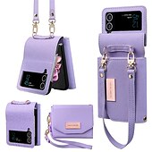 お買い得  サムスン用ケース-電話 ケース 用途 サムスンのギャラクシー Zフリップ6 Z Flip 5 Z Flip 4 Z Flip 3 ウォレットカードケース バンパーフレーム 全身保護 リストストラップ付き ソリッド PUレザー