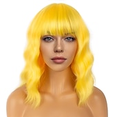 levne Syntetické trendy paruky-krátké bobové paruky s ofinou pro ženy volná vlnitá paruka kudrnatá vlnitá délka po ramena bob syntetická cosplay paruka pro dívky barevné kostýmní paruky