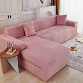 baratos Cobertura de Sofa-capa de sofá elástica espessa de pelúcia elástica sofá secional poltrona loveseat 4 ou 3 lugares em forma de l cinza macio durável lavável