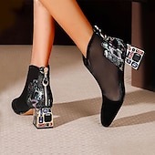 abordables Botines-Botines de malla para mujer con tacón de bloque adornado con diamantes de imitación: botines elegantes y transpirables para fiestas nocturnas y ocasiones especiales
