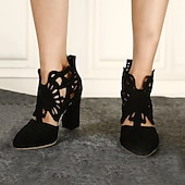 cheap Ankle Boots-Women&#039;s Black Cutout Block Heel Pumps – Stylish Pointed Toe Shoes with Floral Design for Parties or Evening Wear