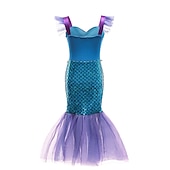 abordables Disfraces de Niña-Niños Chica Vestido Sirena Sin Mangas Rendimiento Disfraz Algodón Vestido de cambio Verano Primavera 3-6 años de edad Azul Piscina Morado