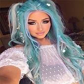 economico Parrucche trendy sintetiche-capelli lunghi blu ondulati parrucche per le donne parrucca corlorful misto blu verde grigio viola colore dei capelli parte centrale parrucche sintetiche in fibra resistente al calore capelli per la