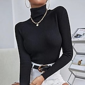 voordelige Effen kleuren-Dames Trui Basic Casual Effen Kleur Geribd Coltrui Gebreid Dun Lange mouw breien Dagelijks Zwart Wit Herfst Winter
