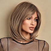 abordables Pelucas sintéticas de moda-pelucas rubias ceniza para mujeres bob longitud del hombro en capas sintéticas raíces oscuras peluca de pelo con flequillo despedida lateral pelucas de fiesta de navidad pelucas barbiecore