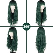 abordables Perruques Synthétiques Sans Bonnet-longue perruque vert foncé avec une frange ombre perruque verte bouclée pour les femmeslongue perruque cosplay vert foncé synthétique naturel à la recherche de perruques quotidiennes et de fête de