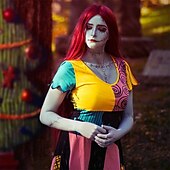 abordables Pelucas de personajes de películas-Pelucas de fiesta navideñas, pelucas largas y rojas de Peviyile para mujer, peluca de disfraz de Sally de Pesadilla antes de Navidad, peluca de pelo en la mitad, linda peluca para fiesta de carnaval